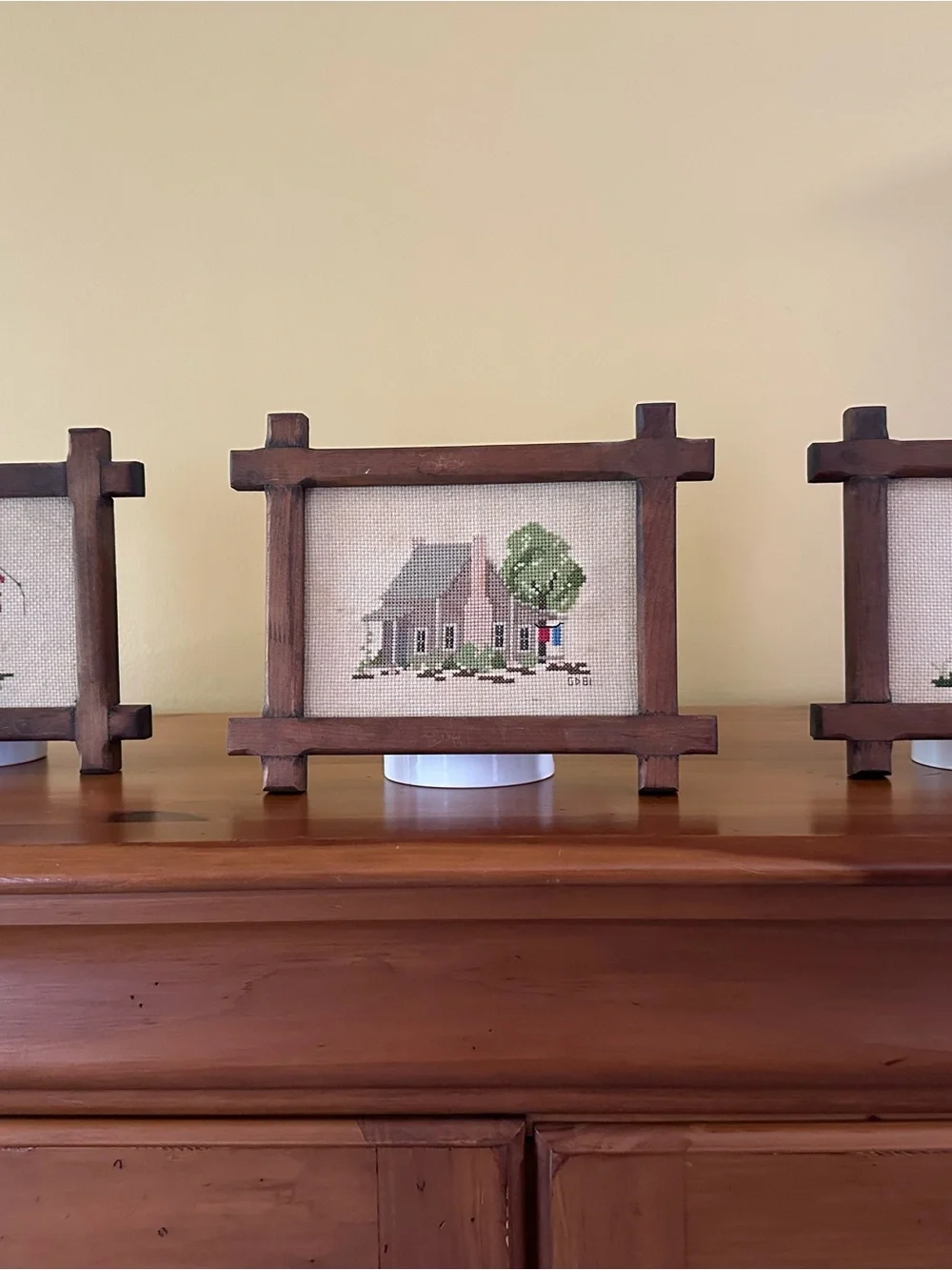 Handcrafted Amish Rustic Brown Wooden Frame Cross Stitch Wall Art